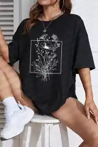 Kadın Kısa Kol Yazlık Tişört Bisiklet Yaka Baskılı Oversize T-Shirt - Siyah