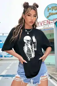 Kadın iskelet Baskılı T-Shirt Kısa Kol Bisiklet Yaka Oversize Tişört - Siyah