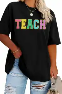 Kadın Baskılı T-Shirt Kısa Kol Bisiklet Yaka Oversize Rahat Kalıp Tişört - Siyah