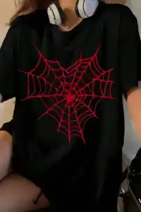 Kadın Örümcek Ağ Baskılı T-Shirt Kısa Kol Bisiklet Yaka Oversize Tişört - Siyah