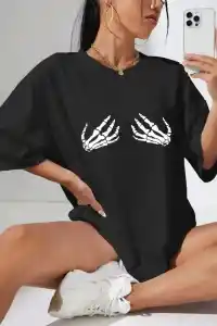 Kadın Baskılı T-Shirt Kısa Kol Bisiklet Yaka Oversize Rahat Kalıp Tişört - Siyah
