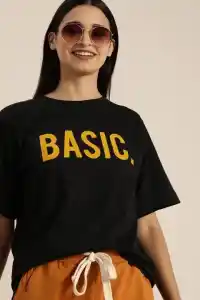 Kadın Kısa Kol Yazlık Tişört Bisiklet Yaka BASIC Baskılı T-Shirt - Siyah
