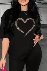 Kadın Kalp Baskılı T-Shirt Kısa Kol Bisiklet Yaka Oversize Tişört - Siyah