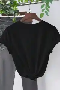 Kadın Kısa Kol Yazlık Tişört Bisiklet Yaka Baskılı Oversize T-Shirt - Siyah