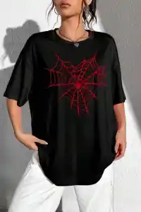 Kadın Örümcek Ağ Baskılı T-Shirt Kısa Kol Bisiklet Yaka Oversize Tişört - Siyah