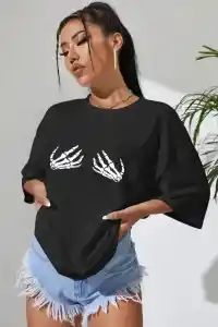 Kadın Baskılı T-Shirt Kısa Kol Bisiklet Yaka Oversize Rahat Kalıp Tişört - Siyah