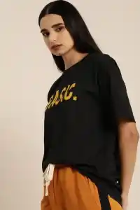Kadın Kısa Kol Yazlık Tişört Bisiklet Yaka BASIC Baskılı T-Shirt - Siyah