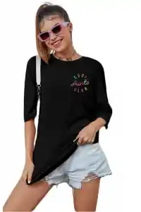 Kadın Baskılı T-Shirt Kısa Kol Bisiklet Yaka Oversize Rahat Kalıp Tişört - Siyah