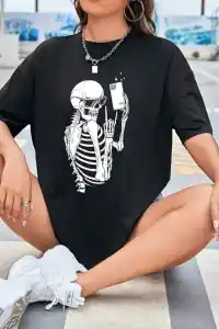 Kadın iskelet Baskılı T-Shirt Kısa Kol Bisiklet Yaka Oversize Tişört - Siyah
