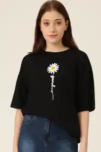 Kadın Papatya Baskılı T-Shirt Kısa Kol Bisiklet Yaka Oversize  Tişört - Siyah