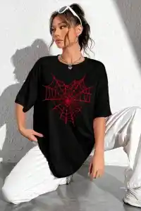 Kadın Örümcek Ağ Baskılı T-Shirt Kısa Kol Bisiklet Yaka Oversize Tişört - Siyah