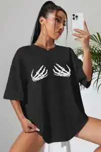 Kadın Baskılı T-Shirt Kısa Kol Bisiklet Yaka Oversize Rahat Kalıp Tişört - Siyah