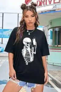 Kadın iskelet Baskılı T-Shirt Kısa Kol Bisiklet Yaka Oversize Tişört - Siyah