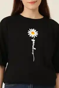 Kadın Papatya Baskılı T-Shirt Kısa Kol Bisiklet Yaka Oversize  Tişört - Siyah