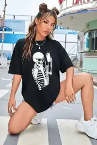 Kadın iskelet Baskılı T-Shirt Kısa Kol Bisiklet Yaka Oversize Tişört - Siyah