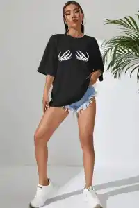 Kadın Baskılı T-Shirt Kısa Kol Bisiklet Yaka Oversize Rahat Kalıp Tişört - Siyah