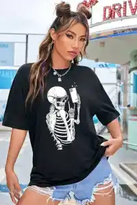 Kadın iskelet Baskılı T-Shirt Kısa Kol Bisiklet Yaka Oversize Tişört - Siyah