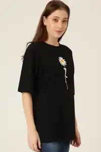 Kadın Papatya Baskılı T-Shirt Kısa Kol Bisiklet Yaka Oversize  Tişört - Siyah