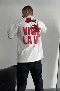 Erkek Ön ve Arka Baskılı T-Shirt Kısa Kol Bisiklet Yaka Regular Fit Tişört - Beyaz