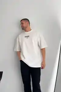 Erkek Ön ve Arka Baskılı T-Shirt Kısa Kol Bisiklet Yaka Regular Fit Tişört - Beyaz