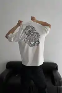 Erkek Ön ve Arka Baskılı T-Shirt Kısa Kol Bisiklet Yaka Regular Fit Tişört -  Beyaz