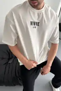 Erkek Ön ve Arka Baskılı T-Shirt Kısa Kol Bisiklet Yaka Regular Fit Tişört - Beyaz