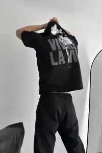 Erkek Ön ve Arka Baskılı T-Shirt Kısa Kol Bisiklet Yaka Regular Fit Tişört -  Siyah