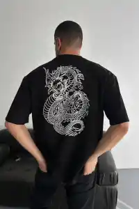 Erkek Ön ve Arka Baskılı T-Shirt Kısa Kol Bisiklet Yaka Regular Fit Tişört - Siyah
