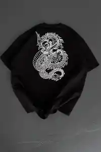 Erkek Ön ve Arka Baskılı T-Shirt Kısa Kol Bisiklet Yaka Regular Fit Tişört - Siyah