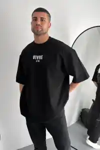 Erkek Ön ve Arka Baskılı T-Shirt Kısa Kol Bisiklet Yaka Regular Fit Tişört -  Siyah