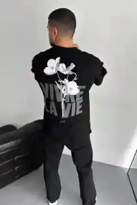 Erkek Ön ve Arka Baskılı T-Shirt Kısa Kol Bisiklet Yaka Regular Fit Tişört -  Siyah