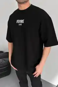 Erkek Ön ve Arka Baskılı T-Shirt Kısa Kol Bisiklet Yaka Regular Fit Tişört -  Siyah