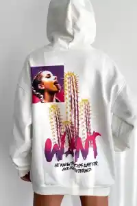 Kadın Oversize Kapüşonlu Cepli WANT Baskılı 3 İplik Pamuklu Hoodie Sweatshirt - Beyaz