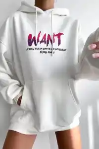 Kadın Oversize Kapüşonlu Cepli WANT Baskılı 3 İplik Pamuklu Hoodie Sweatshirt - Beyaz