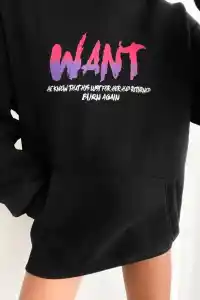 Kadın Oversize Kapüşonlu Cepli WANT Baskılı 3 İplik Pamuklu Hoodie Sweatshirt - Siyah