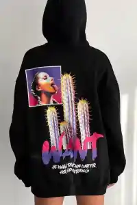 Kadın Oversize Kapüşonlu Cepli WANT Baskılı 3 İplik Pamuklu Hoodie Sweatshirt - Siyah