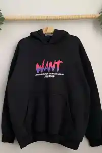 Kadın Oversize Kapüşonlu Cepli WANT Baskılı 3 İplik Pamuklu Hoodie Sweatshirt - Siyah
