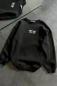 Kadın Bisiklet Yaka 3 İplik pamuklu Baskılı Oversize SweatShirt - Siyah