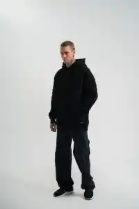 Erkek 3 İplik Pamuklu Oversize Kapüşonlu Nakışlı Hoodie SweatShirt - Siyah