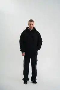 Erkek 3 İplik Pamuklu Oversize Kapüşonlu Nakışlı Hoodie SweatShirt - Siyah