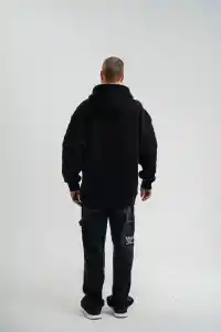 Erkek 3 İplik Pamuklu Oversize Kapüşonlu Nakışlı Hoodie SweatShirt - Siyah