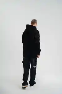 Erkek 3 İplik Pamuklu Oversize Kapüşonlu Nakışlı Hoodie SweatShirt - Siyah
