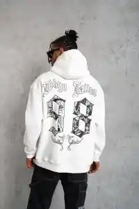 Erkek 98 Baskılı Kapşonlu 3 iplik pamuklu Sweatshirt hoodie - Beyaz
