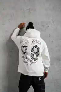 Erkek 98 Baskılı Kapşonlu 3 iplik pamuklu Sweatshirt hoodie - Beyaz