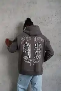 Erkek 3 İplik Pamuklu Kapüşonlu Baskılı Cepli Oversize Sweatshirt Hoodie - Gri