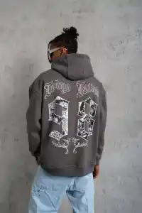 Erkek 3 İplik Pamuklu Kapüşonlu Baskılı Cepli Oversize Sweatshirt Hoodie - Gri