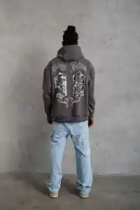 Erkek 3 İplik Pamuklu Kapüşonlu Baskılı Cepli Oversize Sweatshirt Hoodie - Gri
