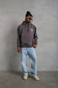 Erkek 3 İplik Pamuklu Kapüşonlu Baskılı Cepli Oversize Sweatshirt Hoodie - Gri