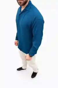 Erkek Aerobin Kumaş Oversize 4 Mevsim Uzun Kollu Rahat Kalıp Gömlek - İndigo