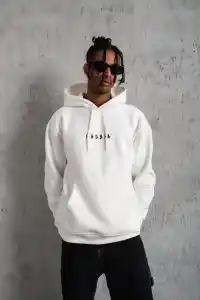 Erkek 3 İplik Pamuklu Kapüşonlu Baskılı Cepli Oversize Sweatshirt Hoodie - Beyaz